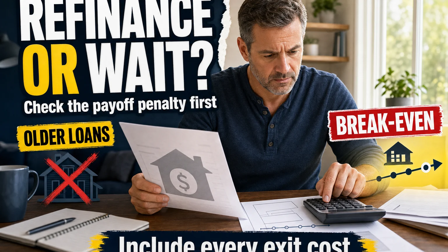 Homeowner compares an existing mortgage payoff document with a refinance option while weighing whether to refinance now or wait for a prepayment penalty to expire.