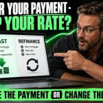 Homeowner comparing mortgage recasting with refinancing while a laptop shows that a recast keeps the existing loan and a refinance replaces it.