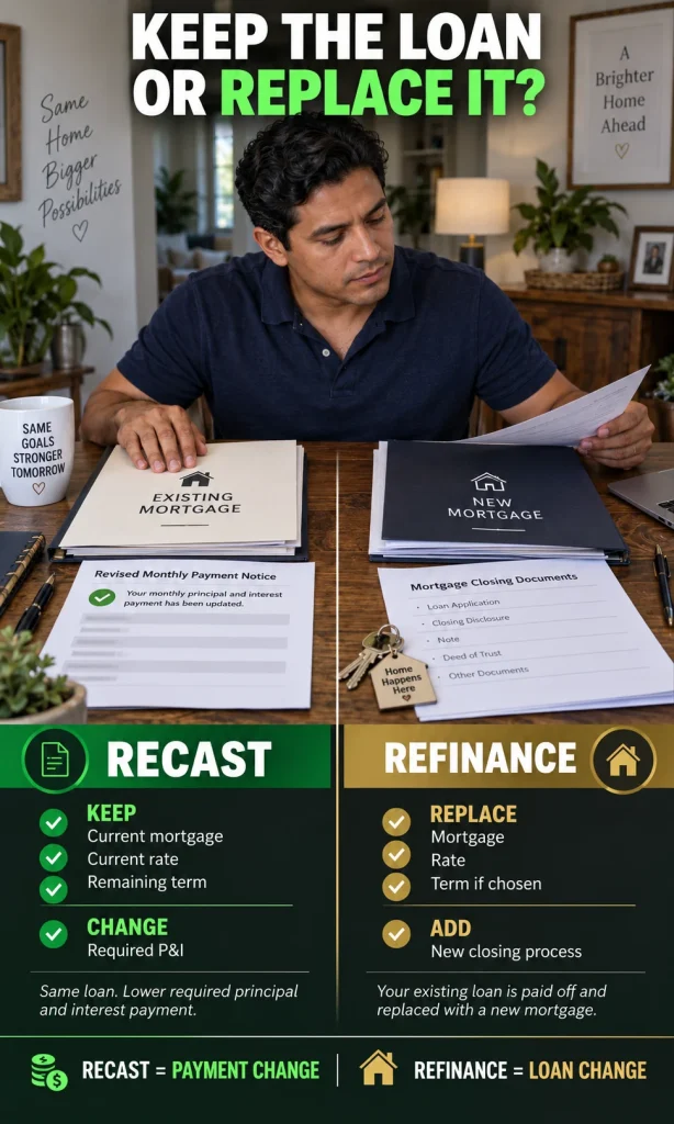 Borrower comparing a mortgage recast that preserves the existing loan with a refinance that replaces the loan and creates new terms and closing costs.