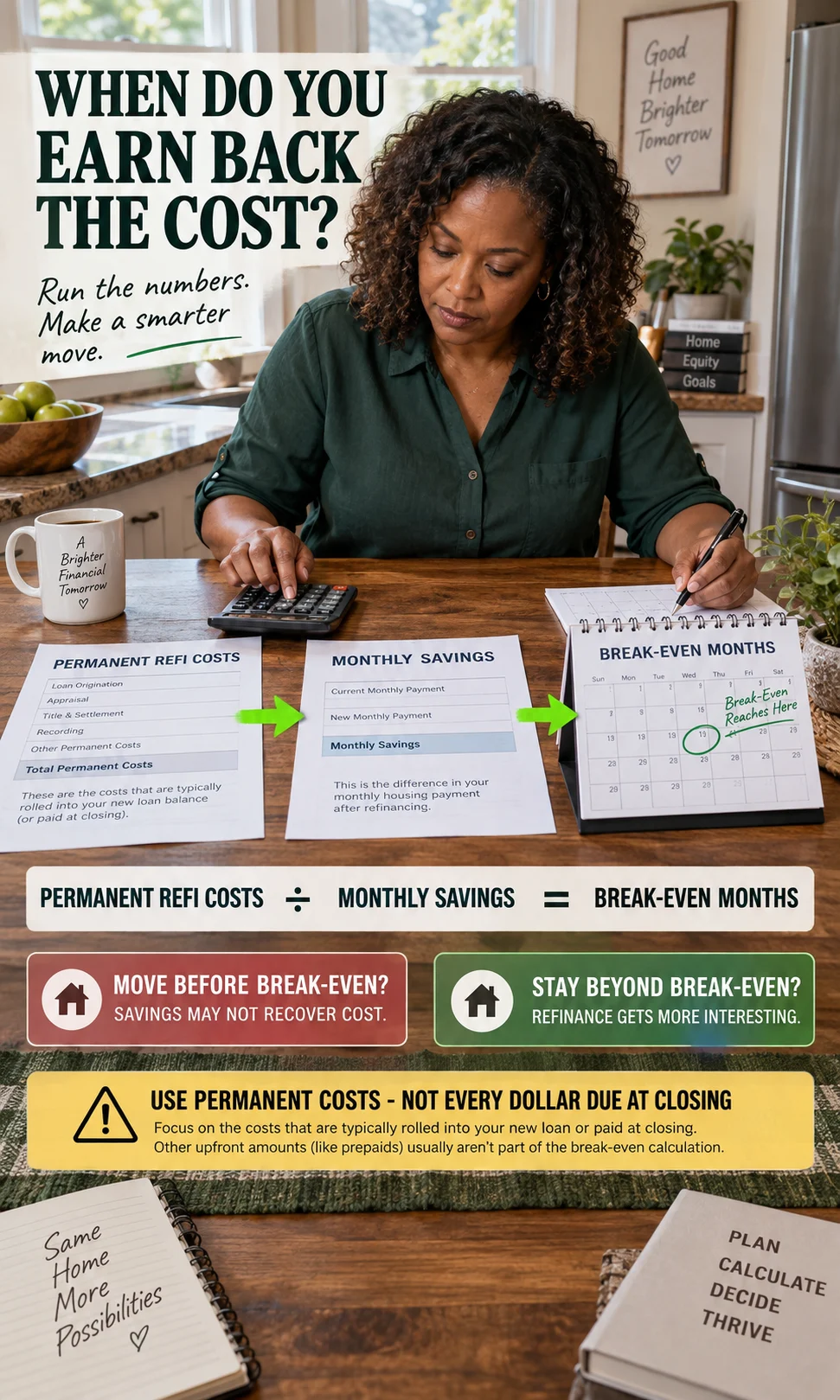 Homeowner calculating refinance break-even by dividing permanent refinance costs by monthly mortgage savings.