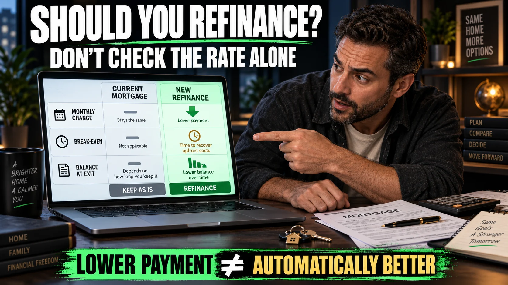 Homeowner comparing his current mortgage with a refinance offer while checking monthly payment, break-even and remaining loan balance.