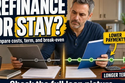 Homeowner compares two mortgage loan folders and payment scenarios while weighing refinancing costs, term length, and break-even timing