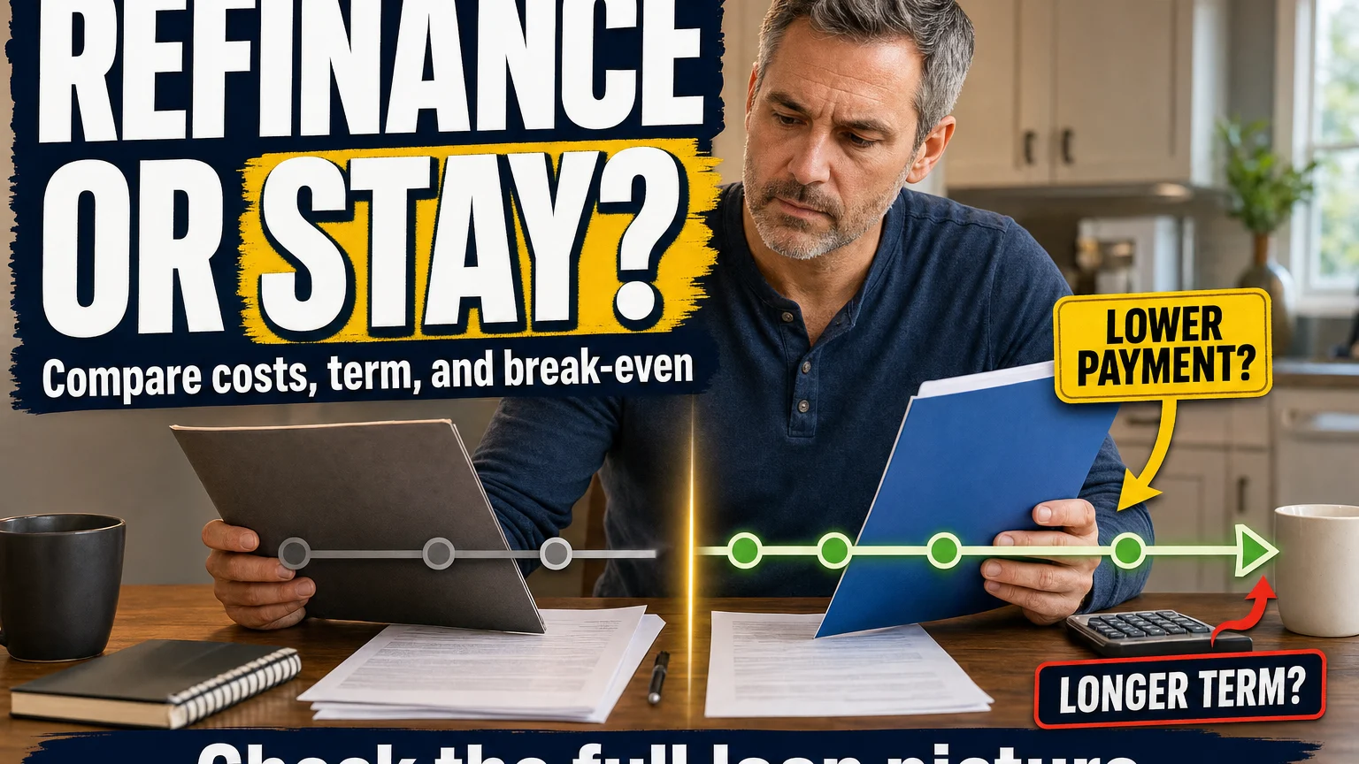 Homeowner compares two mortgage loan folders and payment scenarios while weighing refinancing costs, term length, and break-even timing