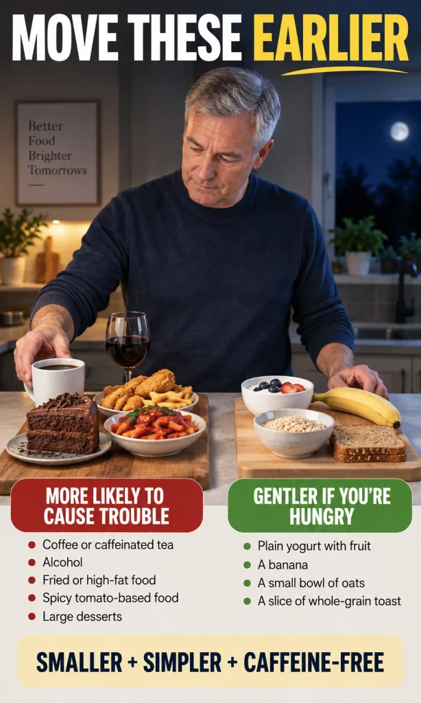 Older man comparing coffee, alcohol, fried food and spicy tomato food with lighter bedtime snack options