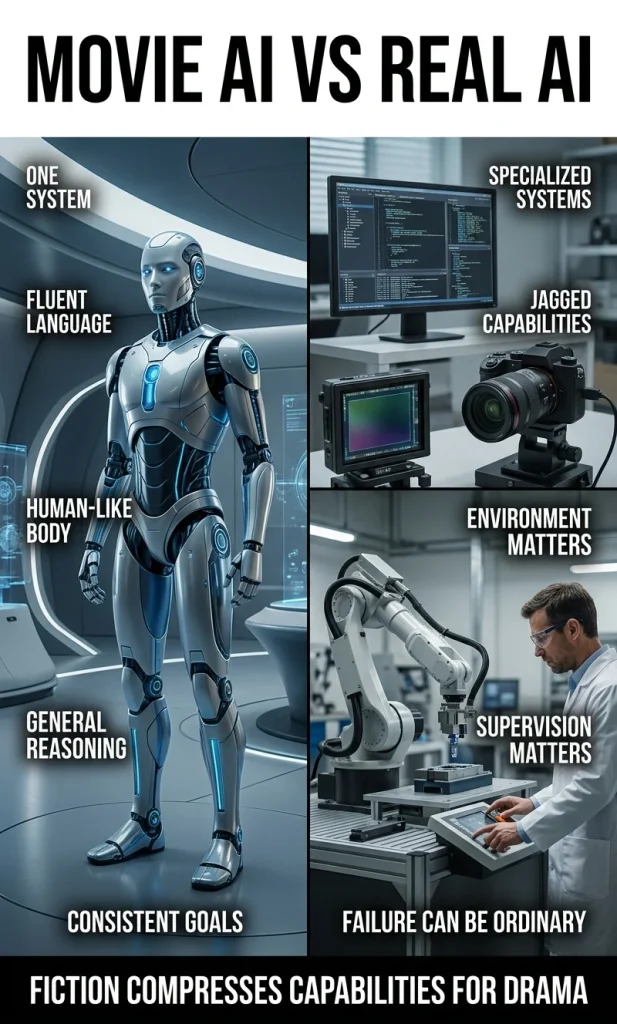 Split comparison showing unified movie AI capabilities versus uneven real-world AI capabilities and constraints.