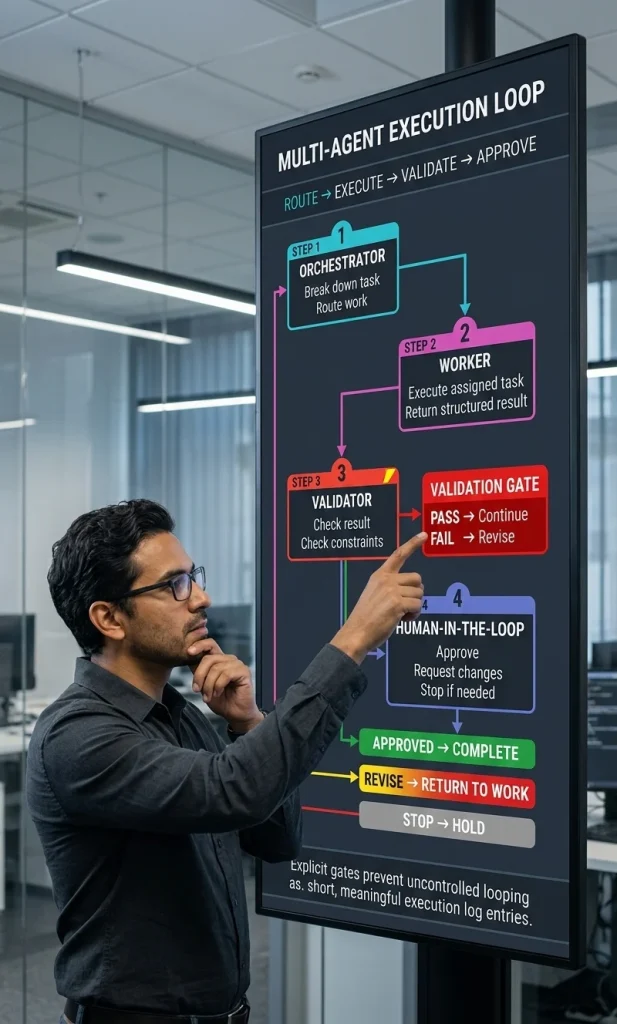 Hispanic systems architect reviewing a four-step AI execution loop with orchestrator, worker, validator, human approval gate, revision path and completion state.