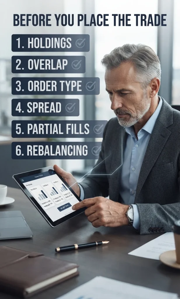 Trader reviewing a six-point pre-trade checklist covering holdings, overlap, order type, spread, partial fills, and rebalancing.
