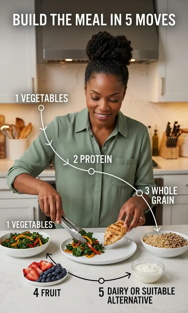 Woman building a balanced meal in five practical moves using vegetables, protein, whole grains, fruit and dairy or an alternative