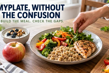 Practical balanced meal with vegetables, fruit, whole grains, protein and a dairy side arranged for a MyPlate-style check