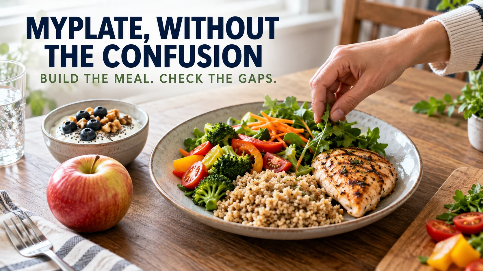 Practical balanced meal with vegetables, fruit, whole grains, protein and a dairy side arranged for a MyPlate-style check