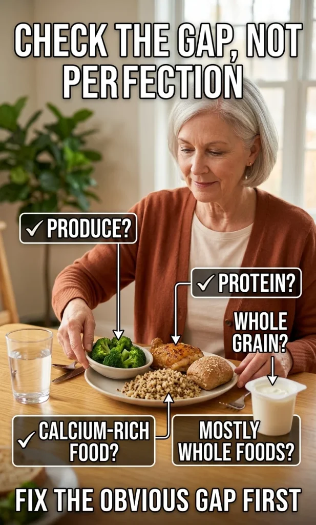 Older woman checking a meal for produce, protein, whole grains, calcium-rich foods and minimally processed food quality