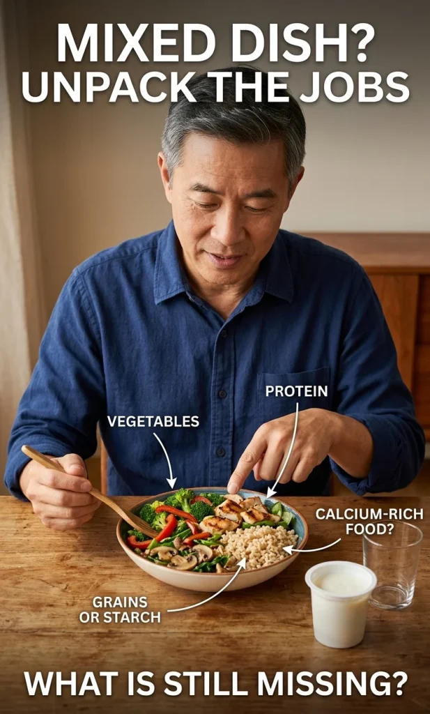 Man checking the vegetable, protein and grain components of a mixed bowl meal instead of forcing foods into separate plate sections