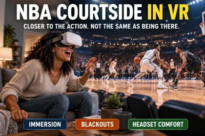 Woman wearing a VR headset at home with a courtside basketball game filling the scene and callouts for immersion, blackouts and headset comfort.