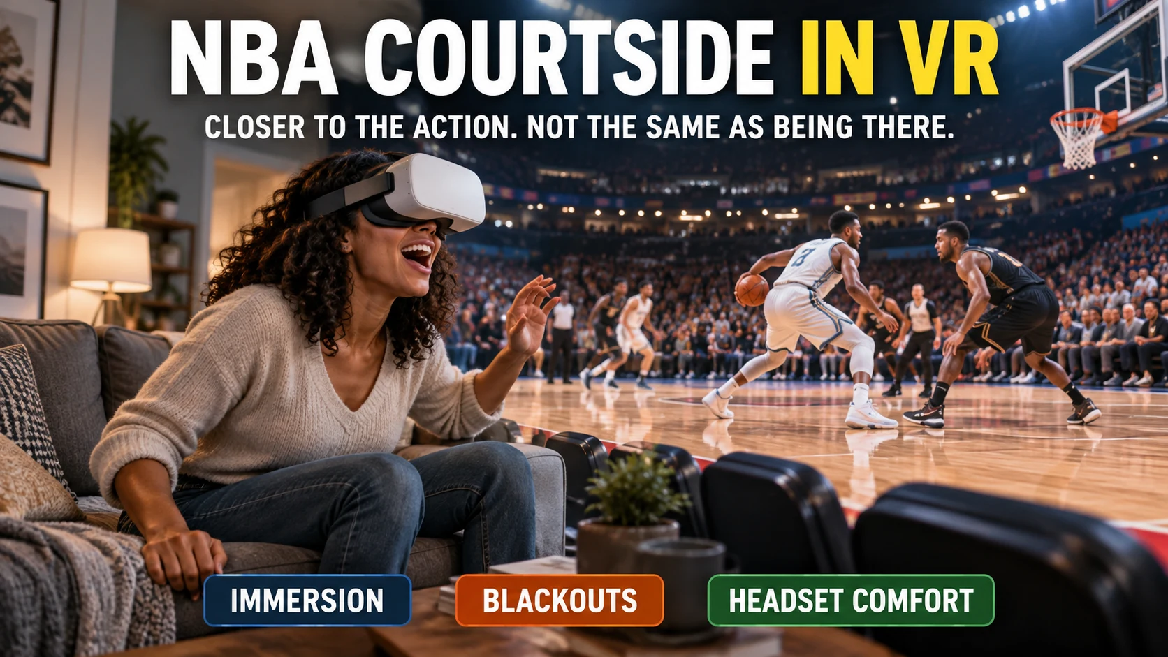 Woman wearing a VR headset at home with a courtside basketball game filling the scene and callouts for immersion, blackouts and headset comfort.