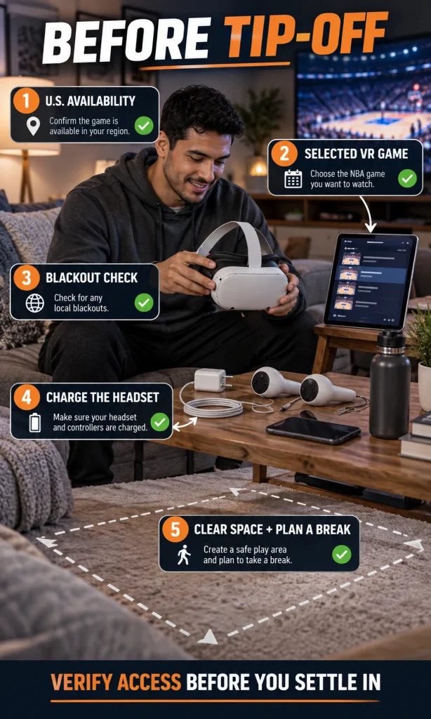 Young man preparing a VR headset before a basketball game with five checks for availability, game listing, blackouts, charge and clear space.