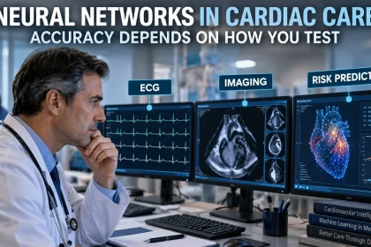 Cardiologist reviewing ECG, cardiac imaging and risk-prediction outputs while evaluating neural-network accuracy in cardiac care.