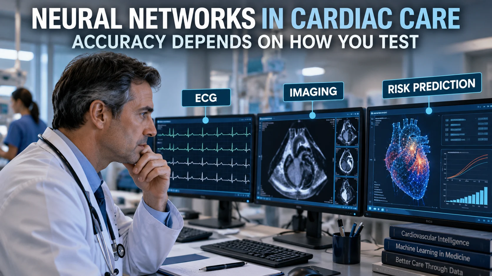 Cardiologist reviewing ECG, cardiac imaging and risk-prediction outputs while evaluating neural-network accuracy in cardiac care.