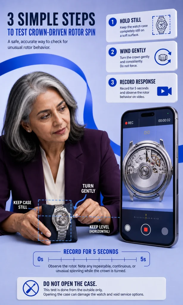 Woman recording an automatic watch rotor problem before sending the watch for warranty inspection