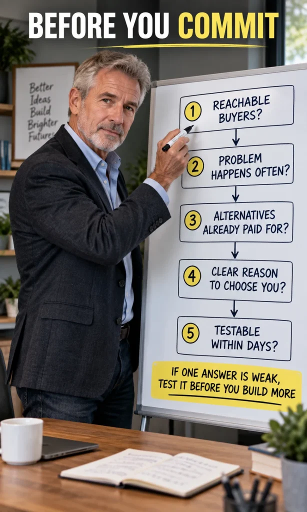 A five-check decision path asking whether buyers are reachable, the problem recurs, alternatives are paid for, the offer has a reason to be chosen, and the niche can be tested quickly.