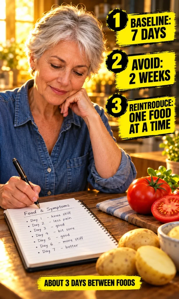Older woman writes a food and symptom diary beside a three-step nightshade trial sequence.