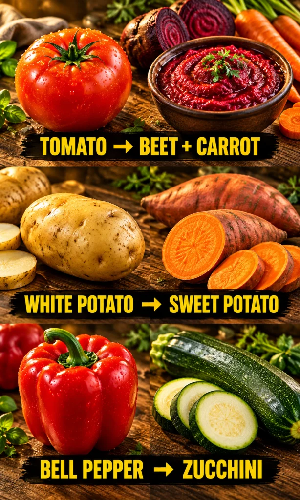 Tomato is paired with beet and carrot sauce, white potato with sweet potato, and bell pepper with zucchini as meal swaps.