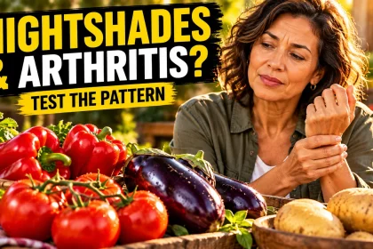 Woman considers tomatoes, bell peppers, eggplant, and potatoes while holding her wrist.