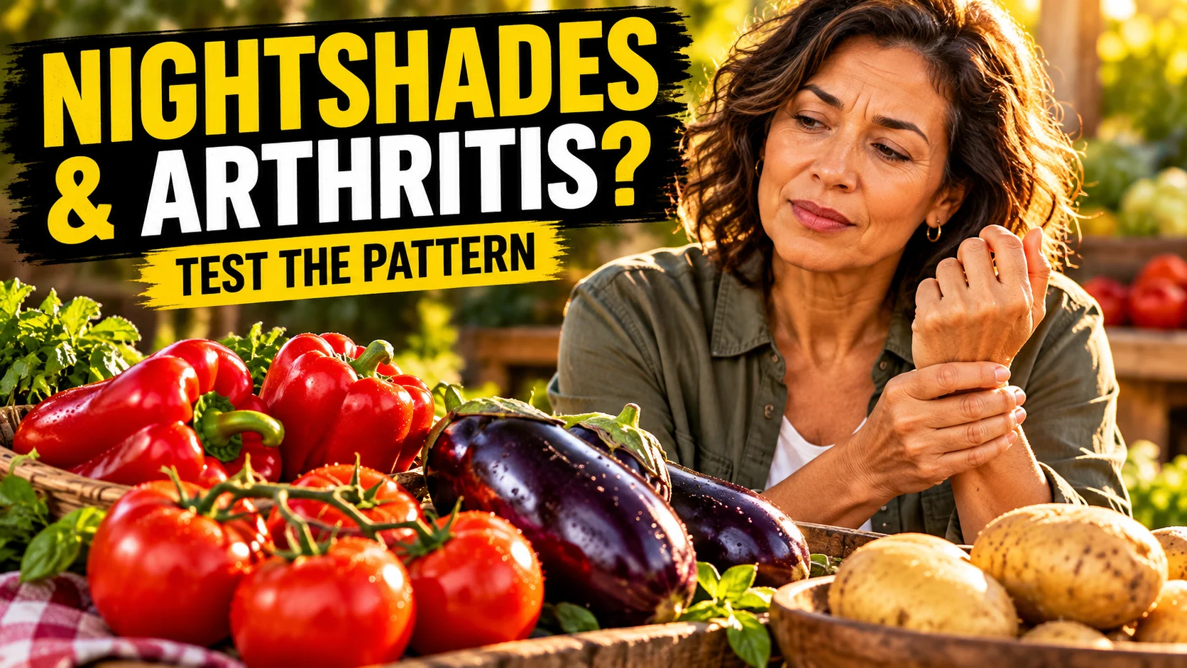 Woman considers tomatoes, bell peppers, eggplant, and potatoes while holding her wrist.