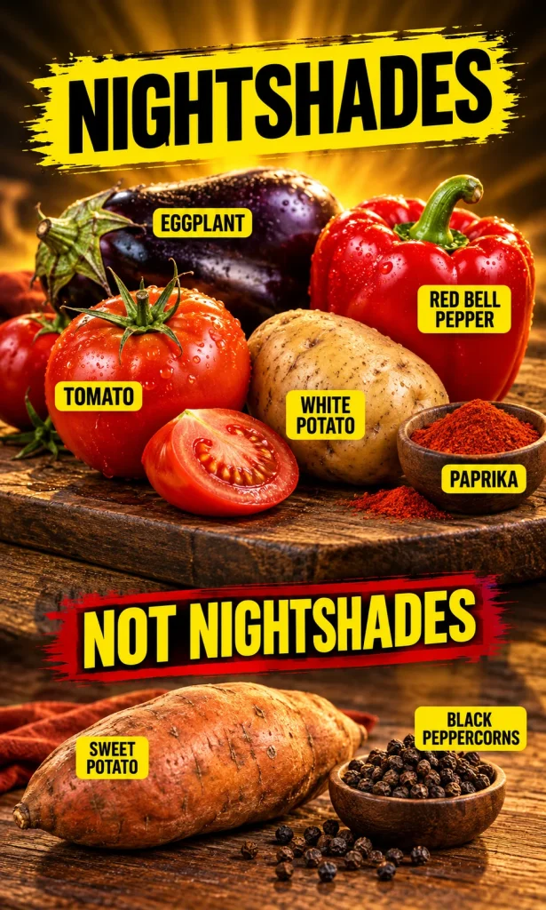 Tomatoes, white potato, red bell pepper, eggplant, and paprika labeled nightshades; sweet potato and black pepper labeled not nightshades.