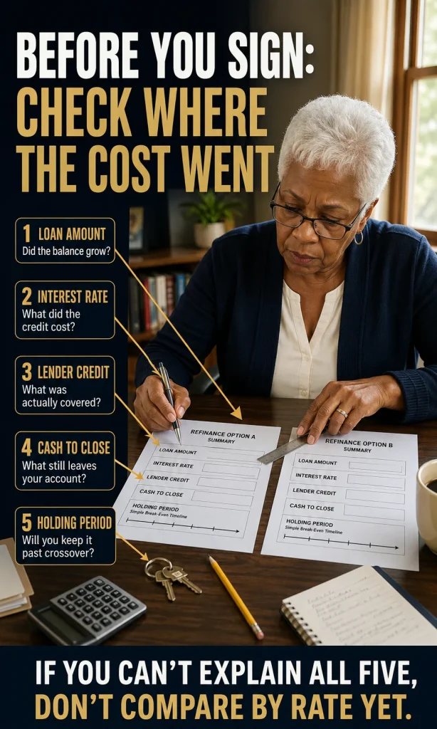 Homeowner checking loan amount, interest rate, lender credits, cash to close and expected holding period before accepting a no-cost refinance.
