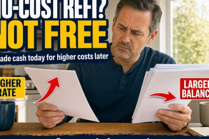 Homeowner compares refinance documents showing the trade between avoiding upfront cash, accepting a higher rate, and taking on a larger loan balance.