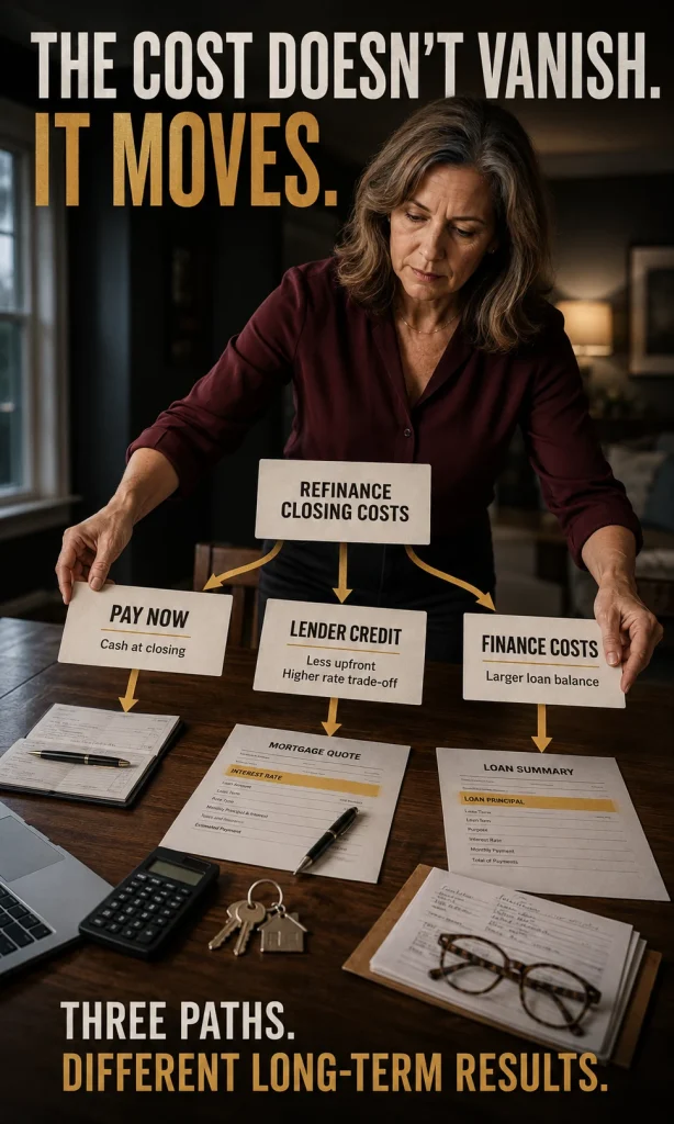 Borrower following three refinance cost paths showing upfront payment, lender credit with higher rate, and financed closing costs added to principal.