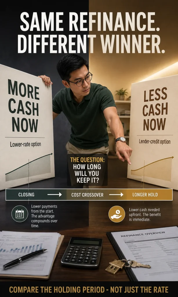 Borrower comparing standard and lender-credit refinance offers by upfront cash, interest rate, monthly payment and holding period.