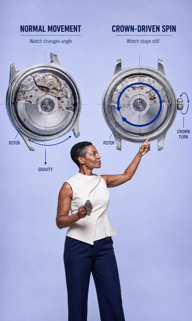 Comparison showing normal automatic watch rotor movement and abnormal crown-driven rotor spinning