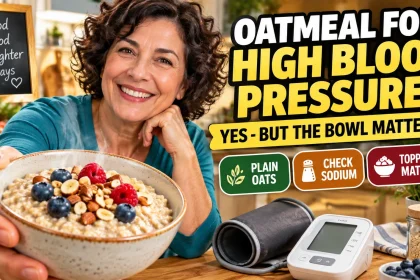 Woman in a warm kitchen holding a bowl of oatmeal and a home blood pressure cuff, with text explaining that oatmeal can help as part of a blood-pressure-friendly diet.