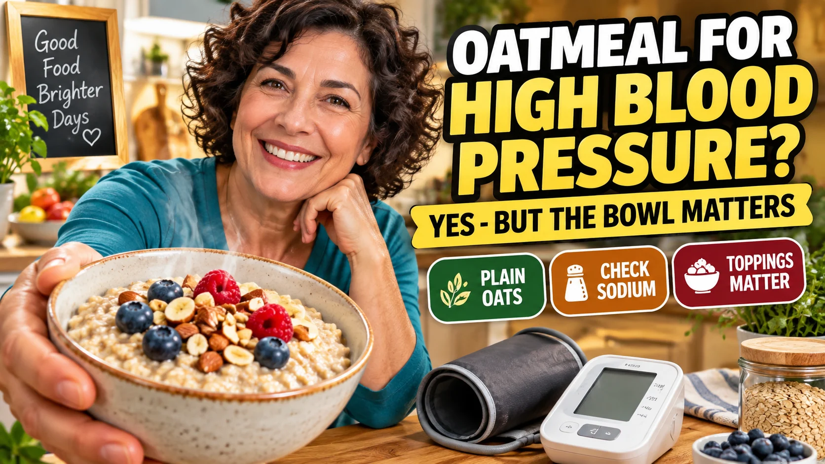 Woman in a warm kitchen holding a bowl of oatmeal and a home blood pressure cuff, with text explaining that oatmeal can help as part of a blood-pressure-friendly diet.
