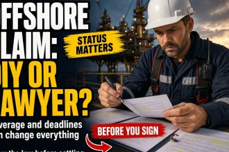 Offshore worker reviewing an accident claim with paperwork while an offshore platform appears behind him, illustrating the decision between handling a claim alone and seeking legal help.