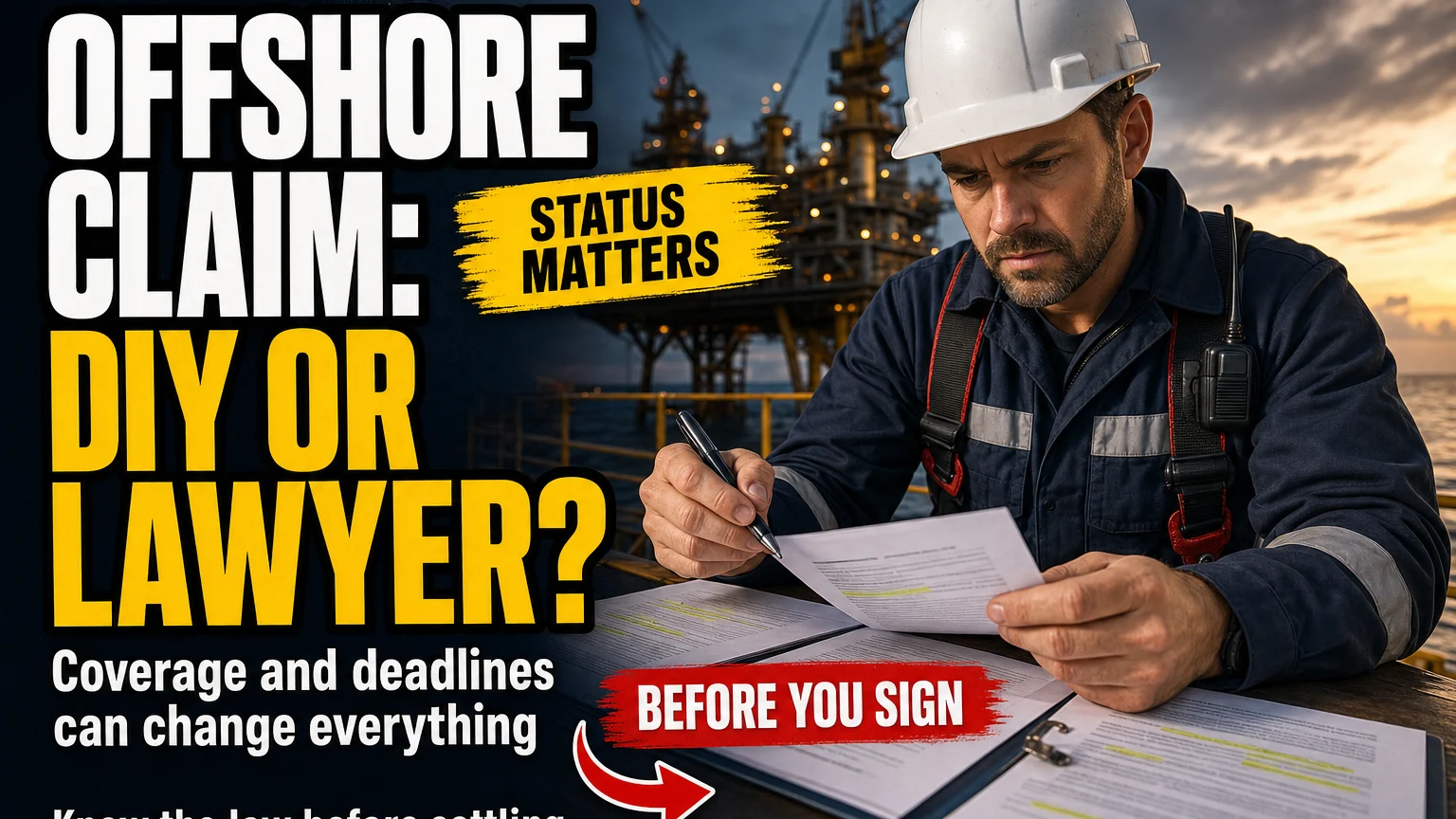 Offshore worker reviewing an accident claim with paperwork while an offshore platform appears behind him, illustrating the decision between handling a claim alone and seeking legal help.