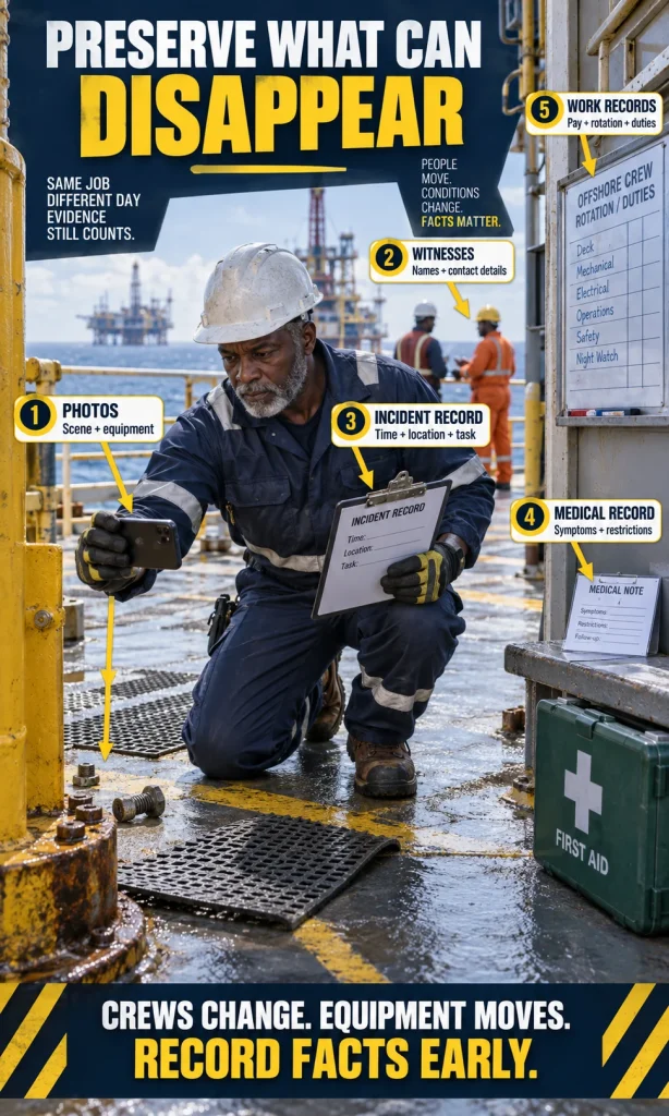 Offshore worker documenting an accident scene with photos, witness details, medical notes and incident records before conditions change.