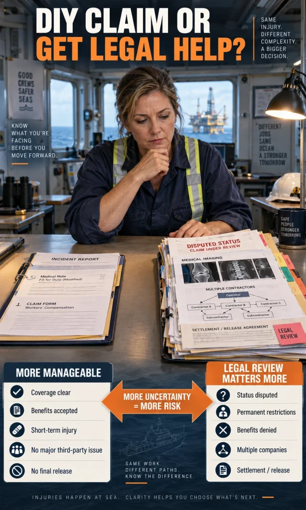 Offshore injury decision graphic showing when self-handling may be reasonable and when legal review becomes more important.