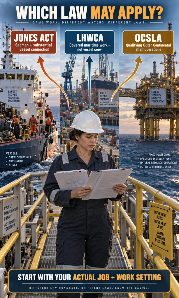 Offshore worker at a junction showing Jones Act, LHWCA and OCSLA paths based on vessel connection and type of offshore work.