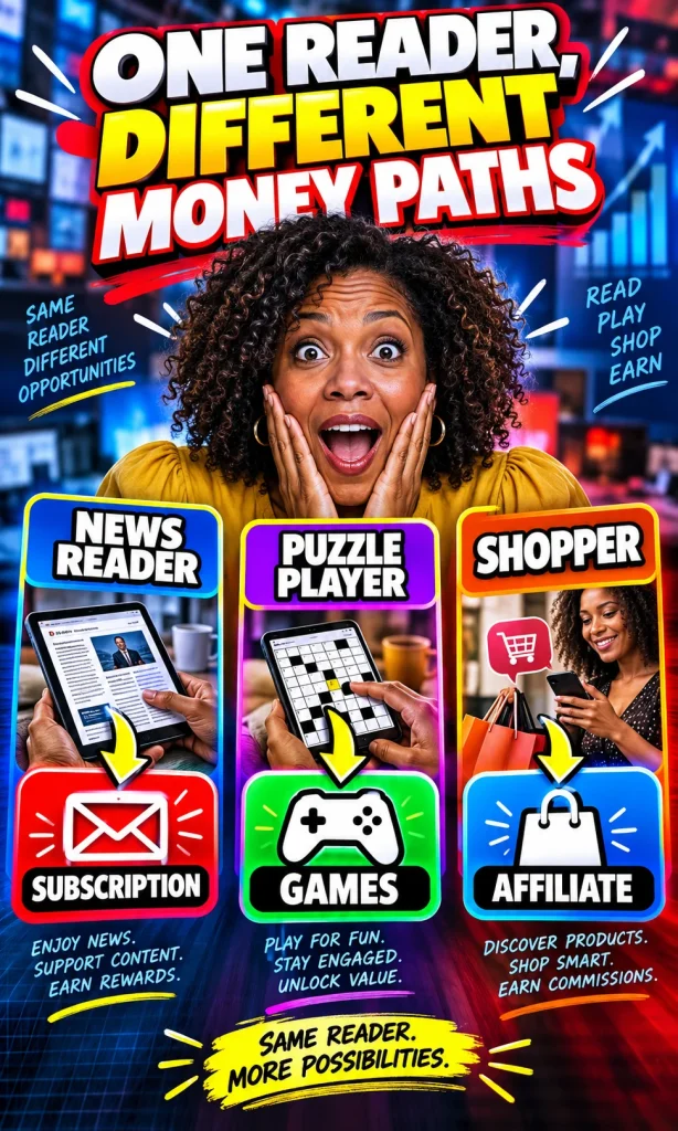 Woman above three paths comparing a news reader generating subscription value, a puzzle player using Games and a shopper creating affiliate value.
