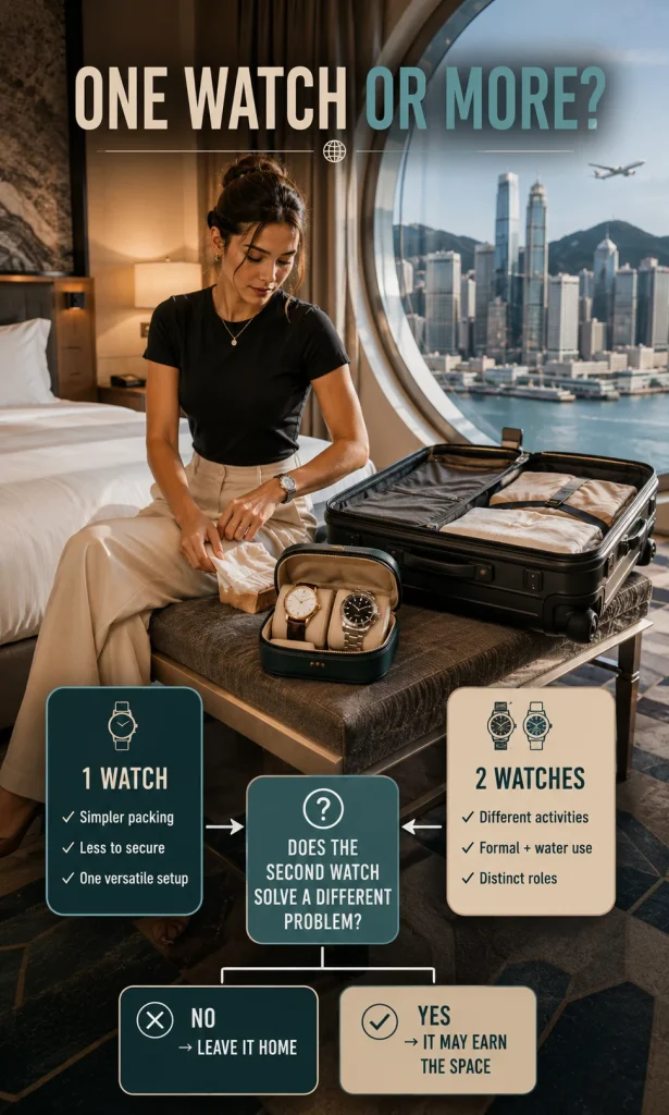 Female traveler deciding between packing one versatile watch or two watches with different travel roles.