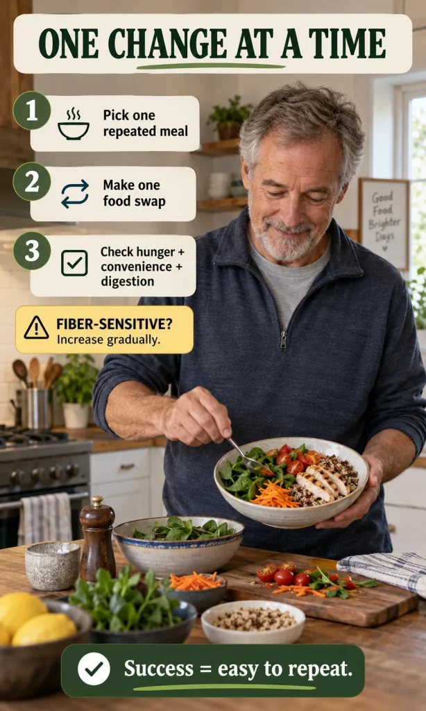 Three-step weekly food-swap sequence showing one repeated meal change, a hunger and convenience check, and a gradual fiber increase for people prone to bloating.