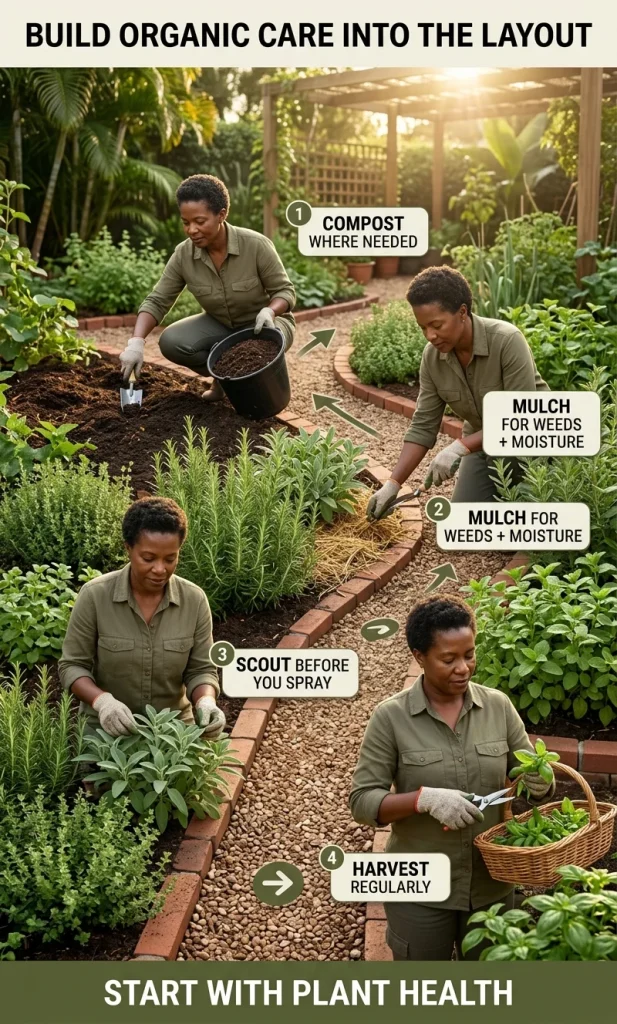 Organic herb garden care sequence showing compost, mulch, pest scouting and regular harvesting