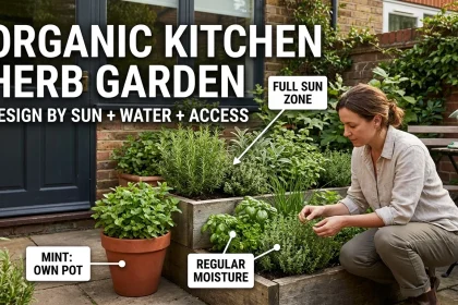 Organic kitchen herb garden beside a home with sunny and moisture zones highlighted for practical planting decisions