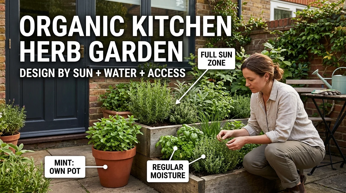 Organic kitchen herb garden beside a home with sunny and moisture zones highlighted for practical planting decisions