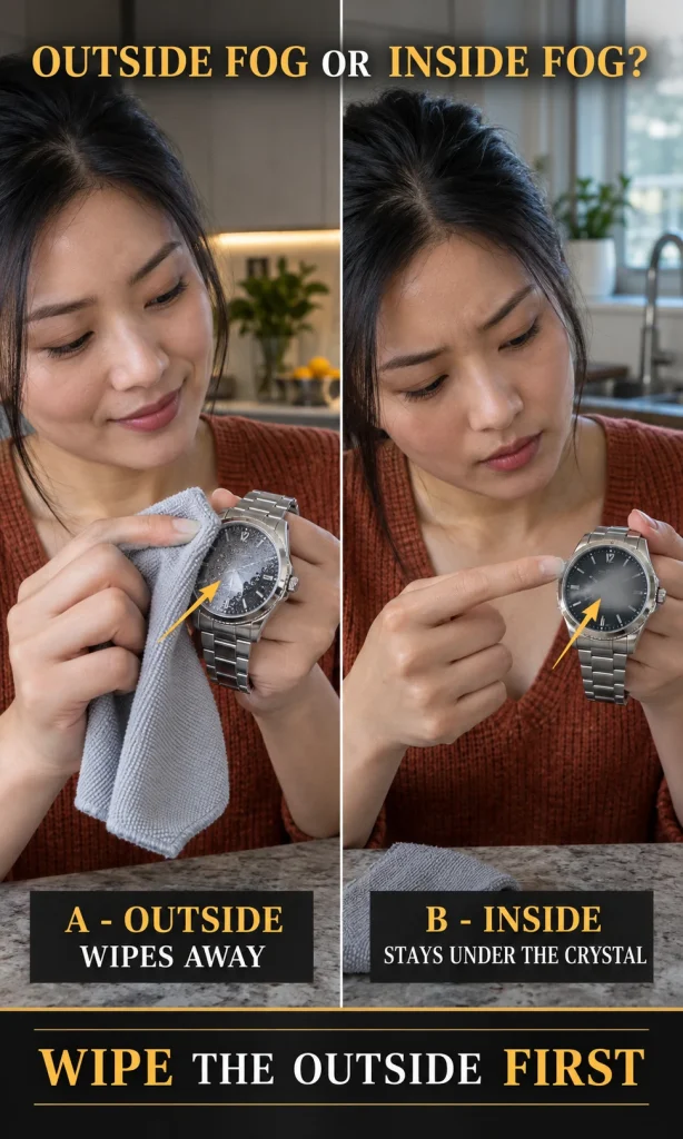 Watch owner comparing condensation that wipes off the outside of a crystal with fog that remains beneath the crystal.