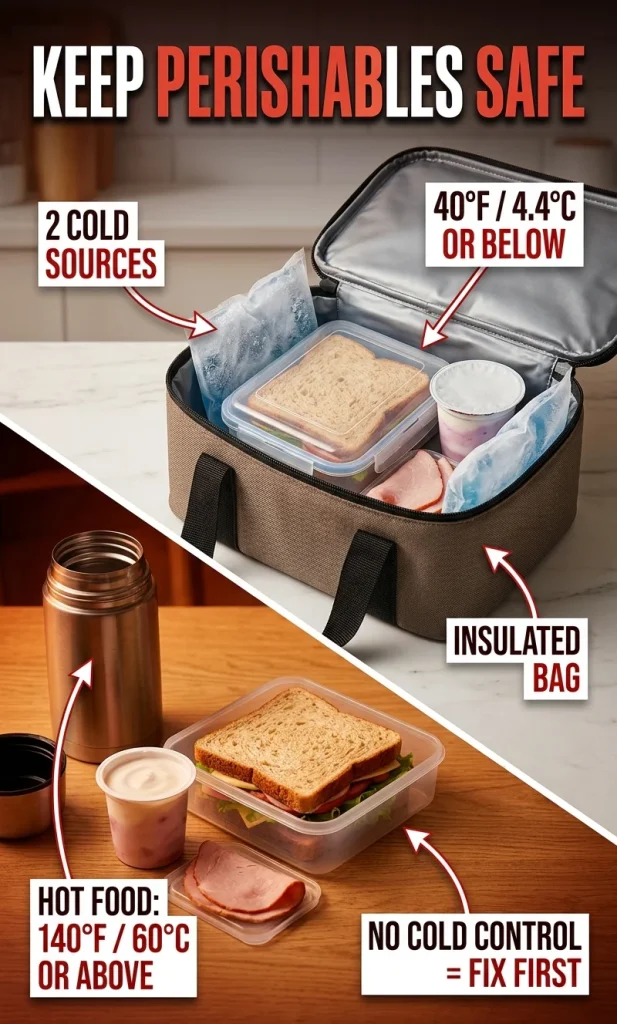 Split school lunch packing image comparing insulated bag with two cold sources against a perishable lunch without reliable cooling.