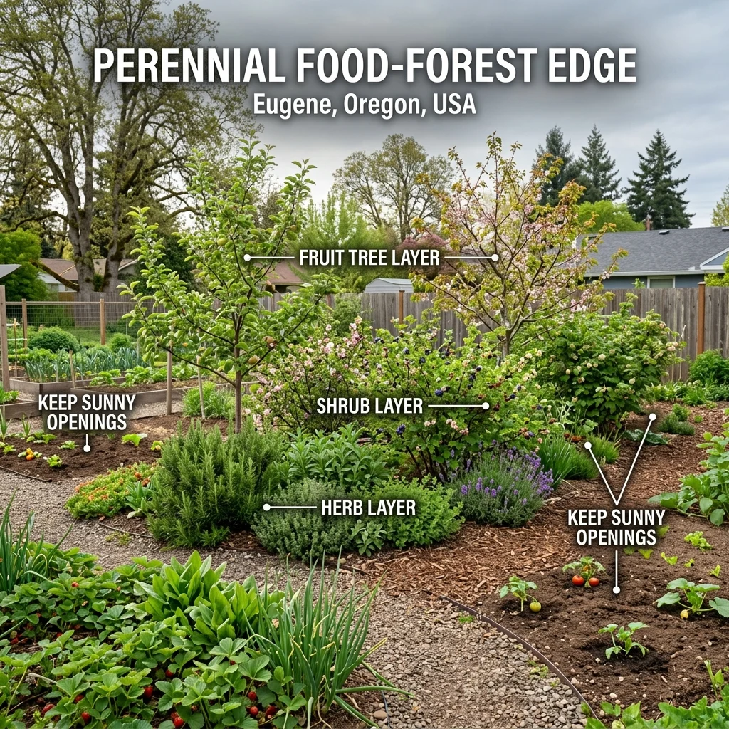 Perennial food-forest edge in Eugene, Oregon, showing layered planting with small fruit trees, shrubs, herbs, and open sunny patches for annual crops.