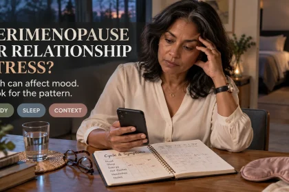 Middle-aged woman reviewing a symptom and cycle journal beside her phone, with a headline asking whether changes fit perimenopause or relationship stress.